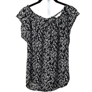 LC Lauren Conrad‎ Black White Floral Cap Sleeve Blouse Top XS